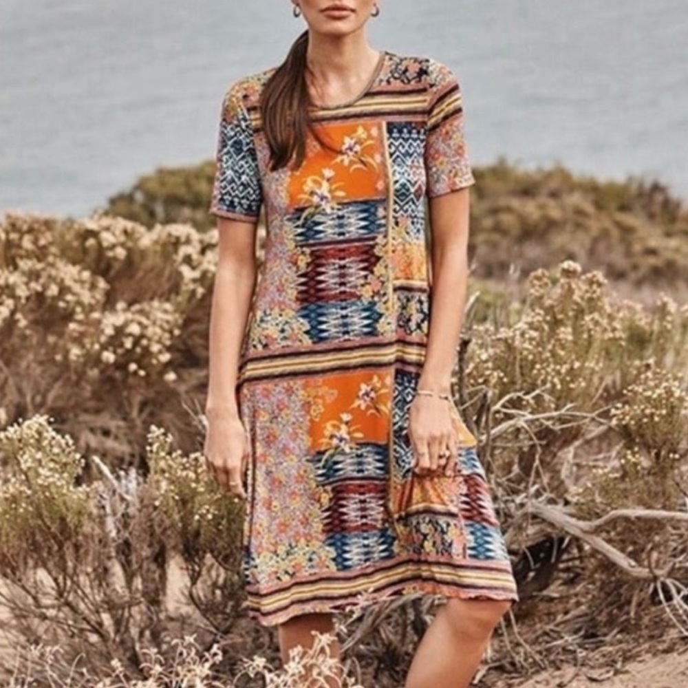 Johnny Was Allie Dress Bamboo Floral Mixed Print Short Sleeve Casual Boho S